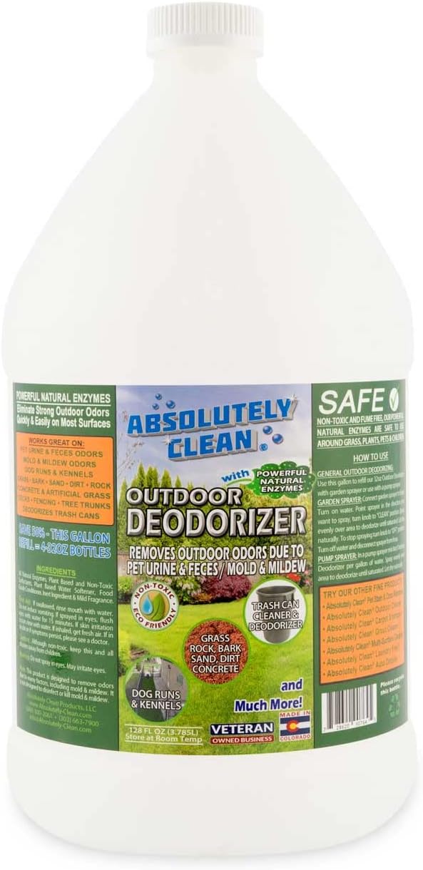 Absolutely Clean Amazing Outdoor Deodorizer odor eliminator Natural Enzyme Just Spray & Walk Away Grass, AstroTurf, Dog Runs, Patios, Decks, Fence & More Vet Approved - odor eliminator for strong odor