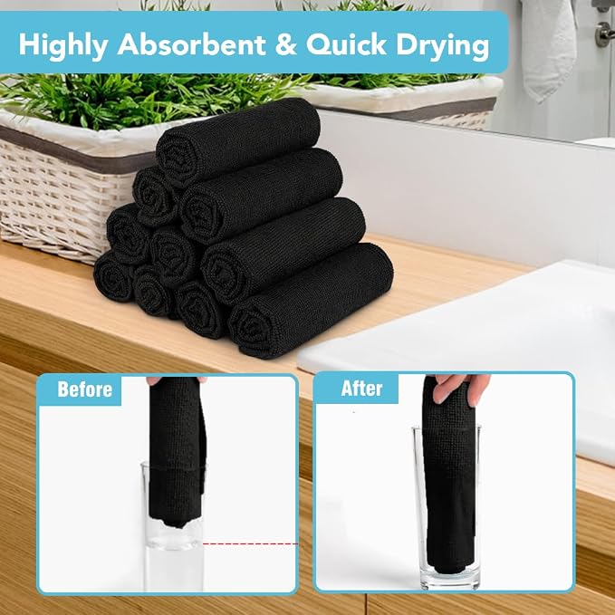 Orighty Wash Cloths, 20 Pack Face Towels, Soft Quick-Drying Washcloths, Multi-Purpose Microfiber Face Cloths for Bathroom, Gym, Spa, Hotel, Travel, 11.5"x11.5", Black