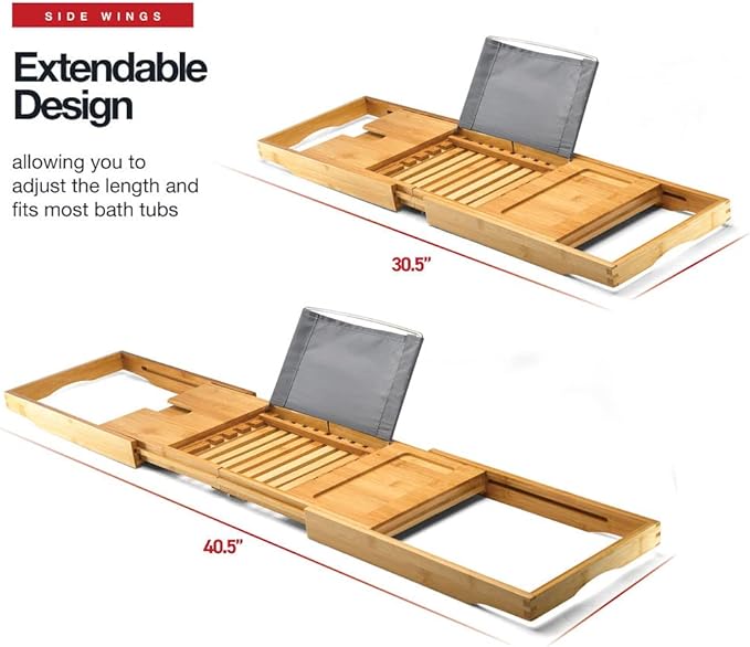Luxury Foldable Bathtub Tray Caddy - Waterproof Wood Bath Tray for Tub, Expandable Size Fits Most Tubs, Bathroom Accessories for New Home & Mothers, Birthday Gifts for Mom