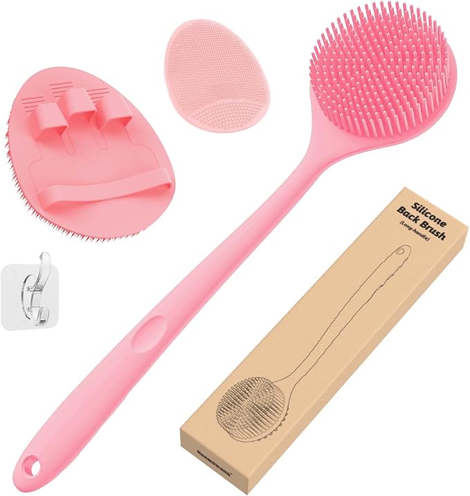 Manmihealth Silicone Back Scrubber (Thin Bristles) & Shower Face Brush Set(3PCS), Gentle-Cleaning & Exfoliating Body Scrubber, Bath Glove, Face Scrubber Combination (Random Color Pink or Black)