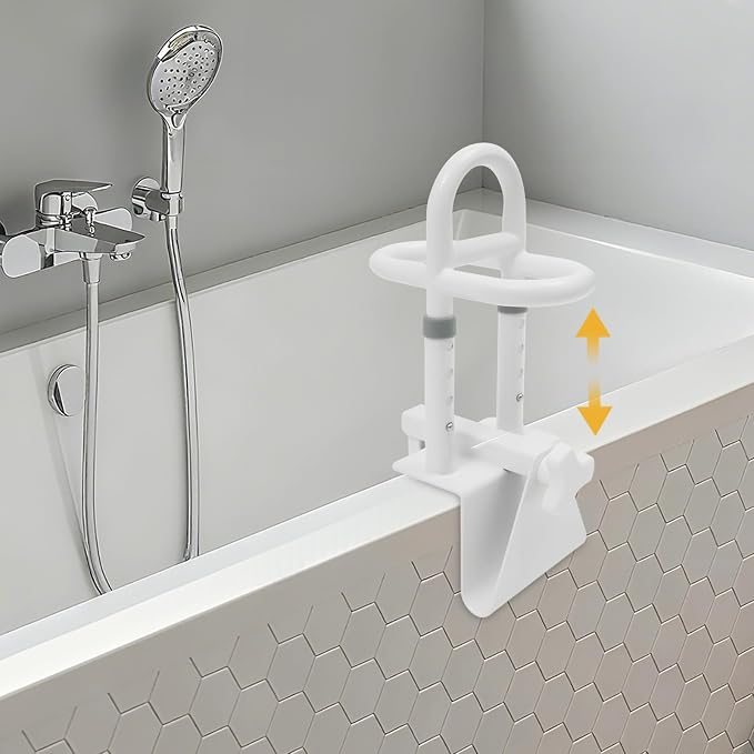 Bathtub Safety Rail, Adjustable Height Bathtub Handle Grab Bar, Sturdy Clamp-On Tub Grab Bar with 300 lbs Capacity, Bathroom Safety Rail for Family