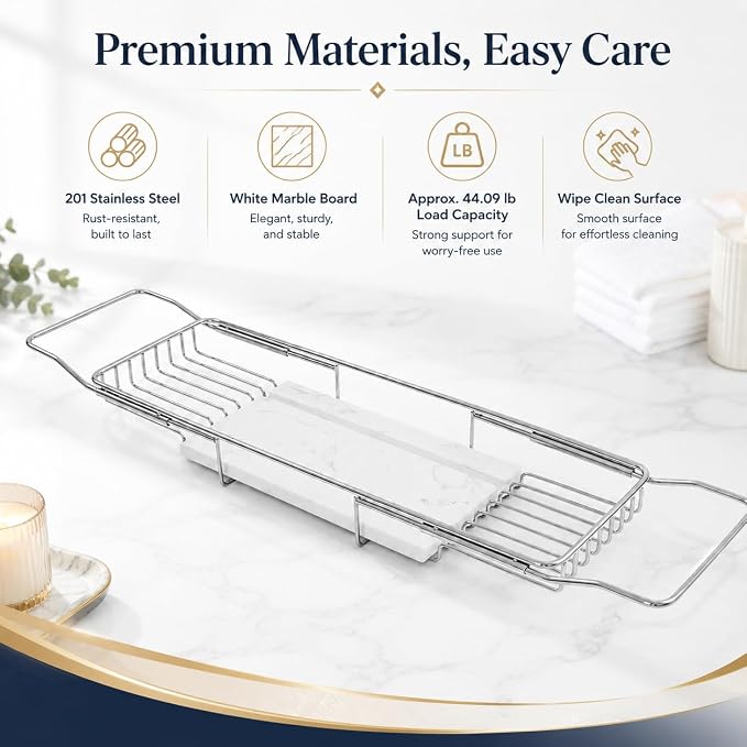 Expandable Bathtub Tray, Stainless Steel Bath Table Tray with Marble Board, Modern Luxury Bathtub Shelf for Bathrooms, Kitchen Sink (Silver+White)
