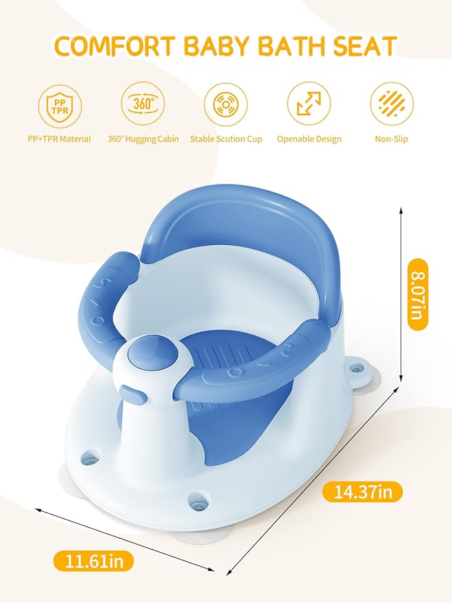 Baby Bath Seat for Babies 6 Months & Up - Bathtub Seats for Babies with 3 Baby Bath Toys, Non-Slip, Comfortable, Infant Bath Essentials-Blue