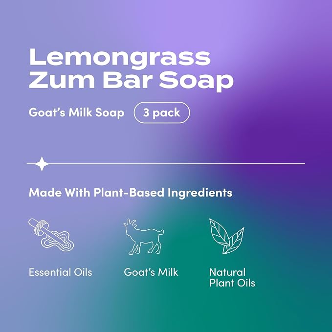 Indigo Wild Zum Goat's Milk Soap Bar - Bar Soap for Hands & Body Made with Essential Oils - 3 oz - Lemongrass (3 Pack)