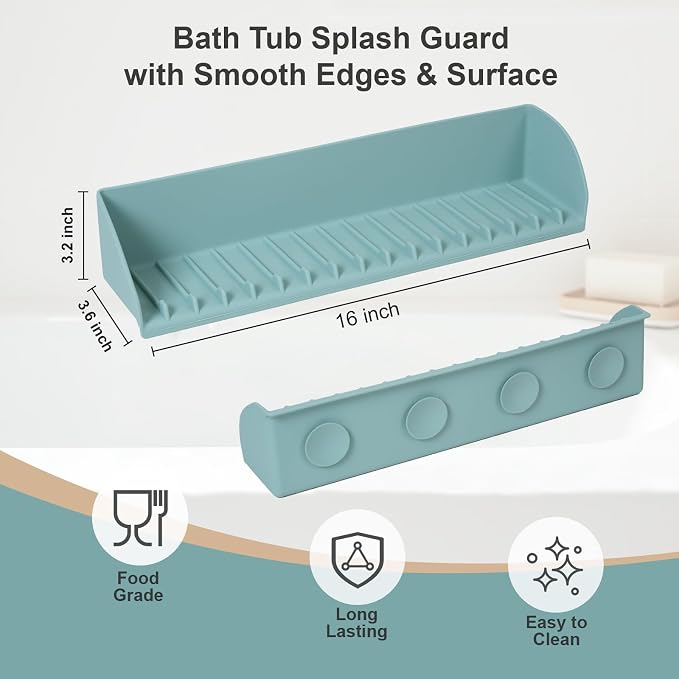 Tub Splash Guard for Kids, Water Splash Guard for Bathtub Edge, Bath Toy Storage and Play Shelf, Bathroom Silicone Splash-Resistant with 4 Suction Cups, Easy to Install, Aqua Blue, 1 Pack