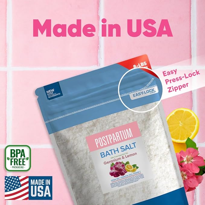 Postpartum Sitz Bath Soak 128 Ounces (8 Lbs) Bulk Bag Postpartum Care for New Moms Bath Salt with Essential Oils in Easy Press Lock BPA Free Pouch Made with Natural Ingredients Made in USA