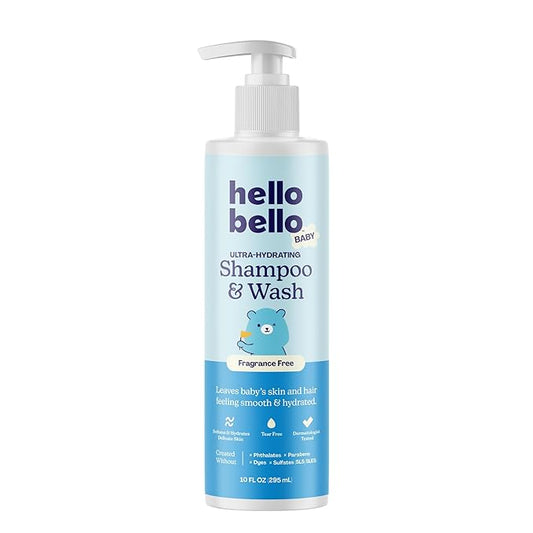 Hello Bello Baby Ultra-Hydrating Shampoo & Wash, Fragrance Free for Sensitive Skin, 10oz Bottle
