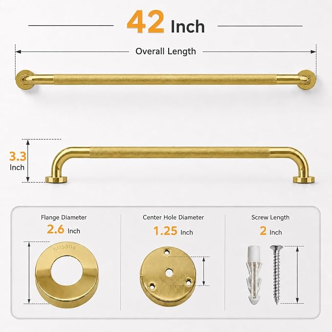42 Inch Shower Grab Bar, Brushed Gold Bathroom Grab Bar Handle with Anti-Slip Knurled Grip, Stainless Steel Bath Balance Bar, 1.25" Diameter Bath Safety Bar Support for Seniors Elderly Pregnant
