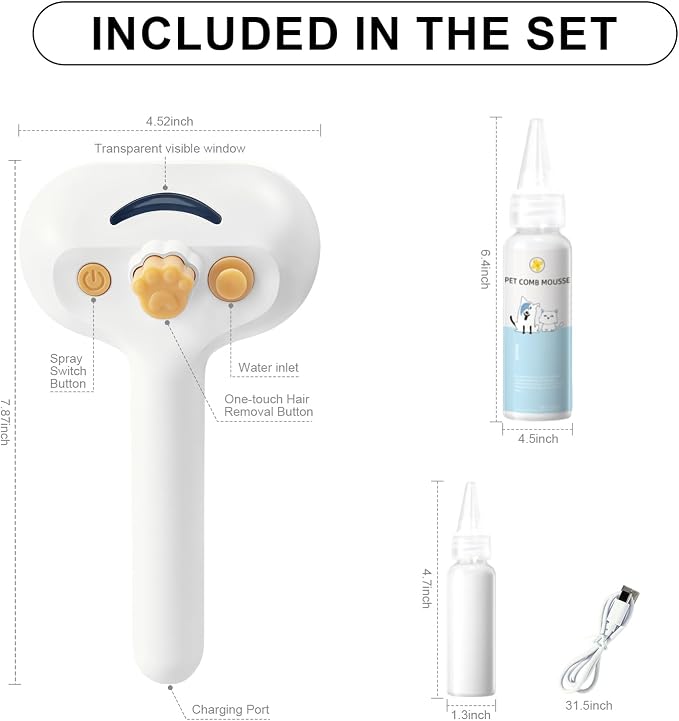 Pet Steam Brush for Dog & Cat – 3-in-1 Spray Hair Removal Comb for Shedding & Grooming, Softens Fur & Reduces Static – Water Brush for Long & Short Coats, Bath-Hating Pets, Includes Waterless Shampoo