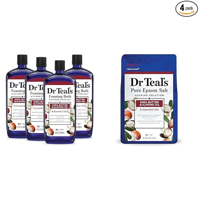 Dr Teal's Foaming Bath with Pure Epsom Salt, Shea Butter & Almond, 34 fl oz (Pack of 4) (Packaging May Vary) & Salt Soak with Pure Epsom Salt, Shea Butter & Almond, 3 lbs