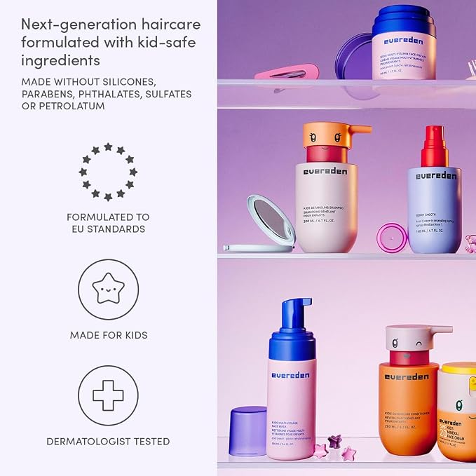 Evereden Kids Travel Set: Clean & Vegan 5-Piece Holiday Gift Set | Skin Care Set for Toddlers with Detangling Spray, Face Wash, Cream, Shampoo, Conditioner | Travel Size Toiletries | TSA approved