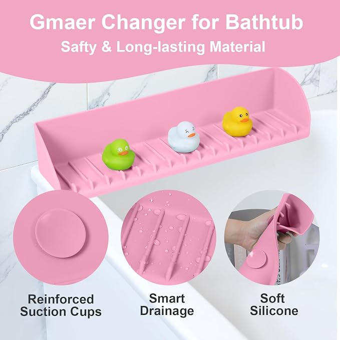 Tub Splash Guard for Kids, Bathtub Edge Water Guard Play Shelf and Toy Storage Organizer, Bathroom Sink Silicone Splash-Resistant with 4 Suction Cups, Easy to Install, Pink, 1 Pack