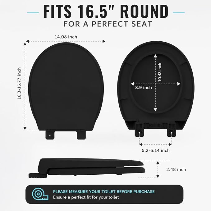 Black Round Toilet Seat 16.5 Inch, Soft Close Toilet Seat, Quiet No Slam Toilet Lid, Easy Install & Quick Release, Durable PP Plastic, Easy Clean, Fits Most Standard Round Toilets, Black