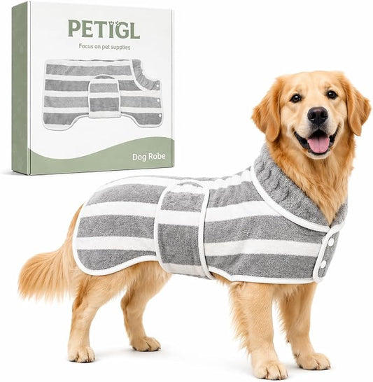Dog Robe, Towels for Dogs After Bath, Dog Bathrobe for Drying Dogs, Fast Drying Super Absorbent Striped Dog Towel Wrap, Adjustable Warm Pet Bath Supplies (Grey, Large)