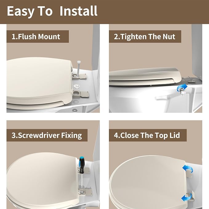 Round Toilet Seat Almond 16.5 Inch, Soft Close Toilet Seat, Quiet No Slam Toilet Lid, Easy Install & Quick Release, Durable PP Plastic, Easy Clean, Fits Most Standard Round Toilets, Almond