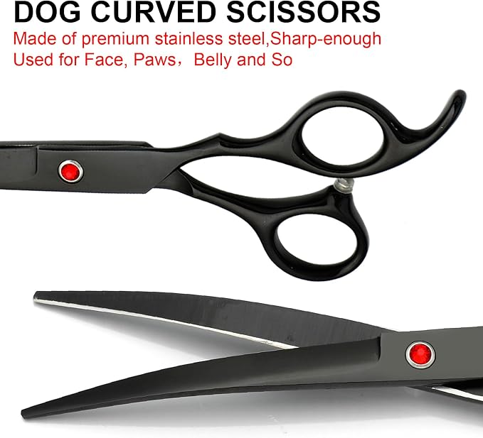 Dog Grooming Scissors Kit, Premium Stainless Steel Dog Shears with Curved Shears, Sharp Durable for Dogs Cats+Black 4 Piece