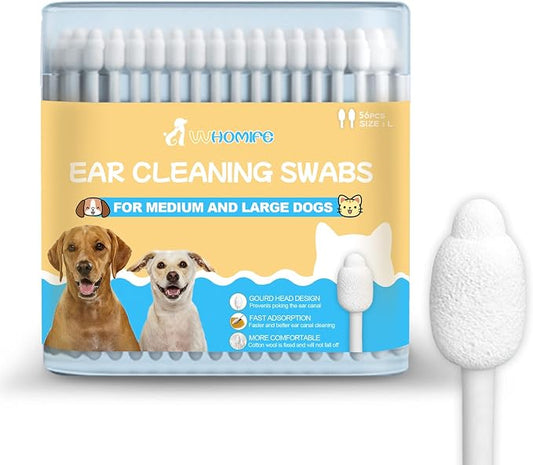 Large-Head Dog Ear Swabs, Gourd Cotton Tips, 56 pcs | Soft cotton-paper sticks in sealed packs for folds, paws, post-play cleanup, bathroom or travel.