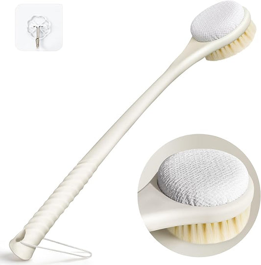 Back Scrubber for Shower with Long Handle, Dual-Sided Bath Brush with Soft Bristles & 150D Exfoliating Cloth, Anti-Slip Grip, Lightweight Back Washer for Shower, Men & Women (Light Yellow)