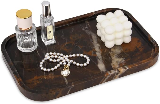 Marble Bathroom Vanity Tray, Natural Marble Home Kitchen Table Tray, Stone Decorative Countertop Serving Organizer for Dresser Coffee Perfume Jewelry Makeup (1, Black Gold L, 12 * 8 * 0.8)
