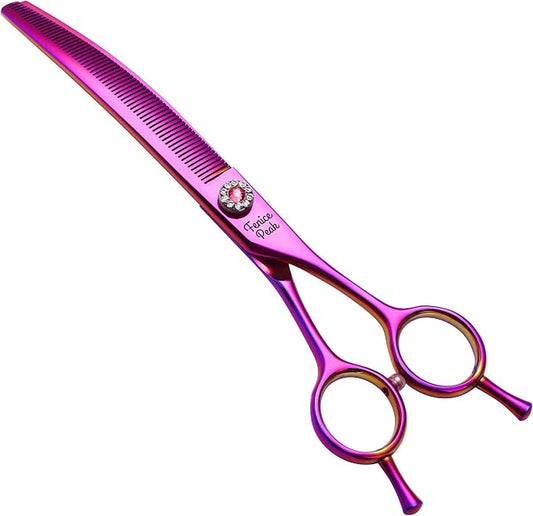 Professional Dog Grooming Scissors Pet Curved Thinning Shears 7.0'' Extremely Sharp Blades 440C Thinning Scissors Durable Smooth Motion & Fine Cut for Dogs and Cats (Multicolored)