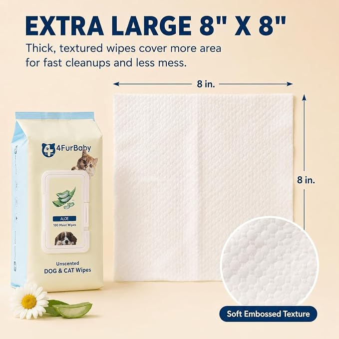 Dog Wipes for Paws and Butt, Unscented, 100 Count | 8" x 8" hypoallergenic, hydrating pet grooming wipes for dogs and cats, unscented for daily care