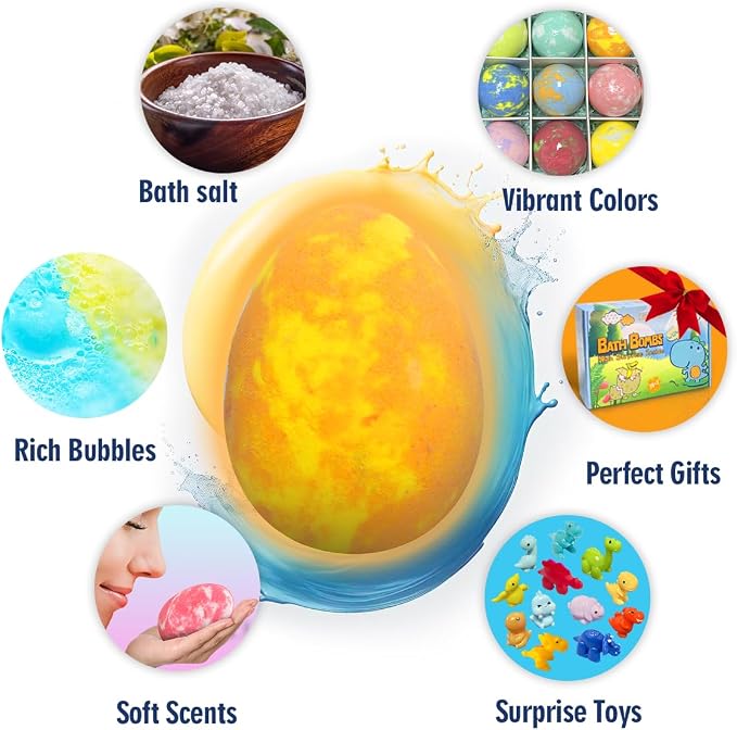 Bath Bombs for Kids with Surprise Toys Inside, 12 Pack Dinosaur Bath Bombs with Dino Toy & Suction Cup Bath Toys, Birthdays Gifts for Boys Girls, Colorful Bubble Bath Fizzy Ball for Kids Christmas