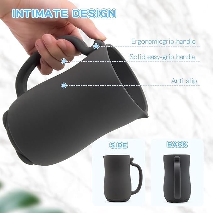 mandoo Baby Bath Rinse Cup - Food Grade Silicone - Shampoo & Body Washing Rinser Cup for Kids with Easy Grip Handle to Rinse Baby Shampoo and Soap - Baby Essentials (Dark Gray)