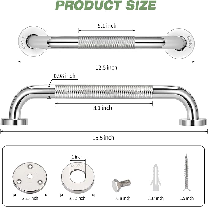 3 PCS Grab Bars for Seniors Bathroom, 16" and 12" Anti Slip Shower Safety Handle, Stainless Steel Shower Support Bar Holds up to 500LBs, Bath Assist Handles for Handicap Elderly Injury Pregnant