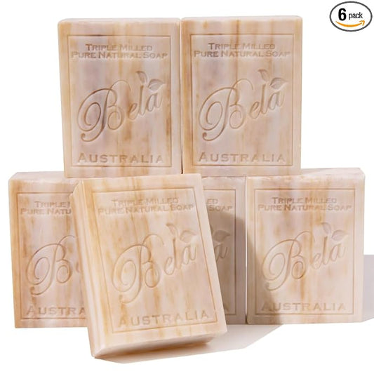 BELA Sandalwood Soap 3.3 OZ, Pack of 6 French Triple Milled Bar Soap with Organic Shea Butter, Hand, Face and Body Wash Bar, Made in Australia