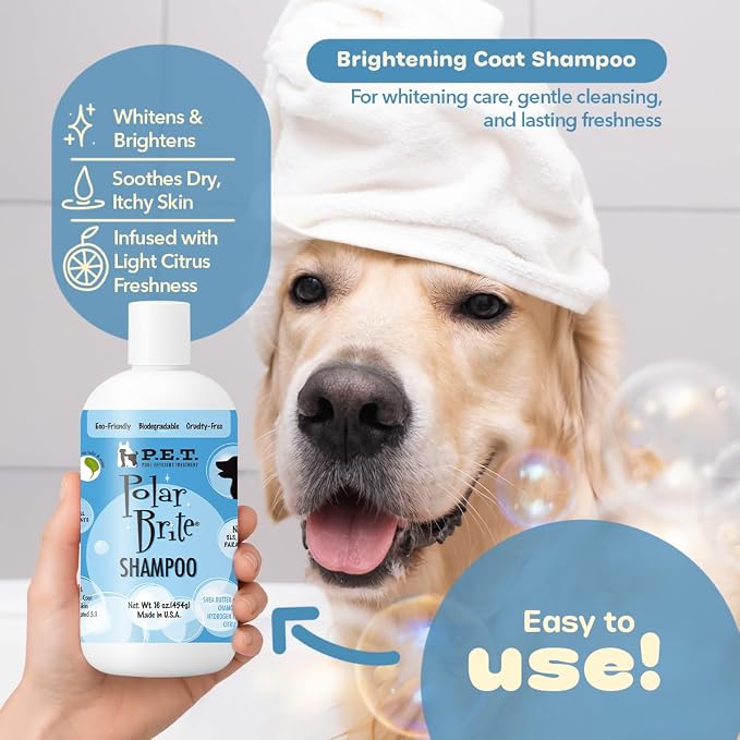 P.E.T. Polar Brite Tangerine Whitening Shampoo — Brightens White & Light-Colored Coats, Tangerine-Botanical Moisture Blend — 5 : 1 Concentrated Cosmetic Grooming Formula (Not a Pesticide) — 16 oz
