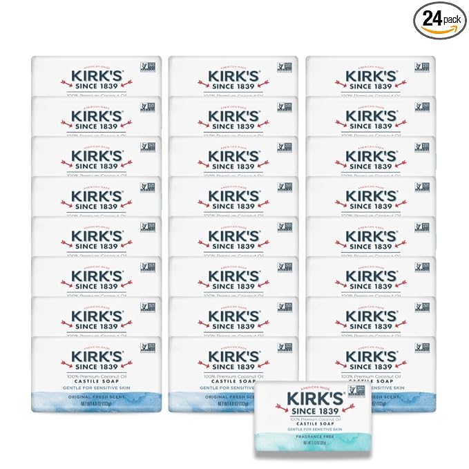 Kirk's Castile Bar Soap, Original Fresh Scent - Clinically Tested, Safe for Sensitive Skin with Coconut Oil, Vegan and Non-GMO - 4 oz Bars, 24 Pack and Fragrance Free Travel Bar
