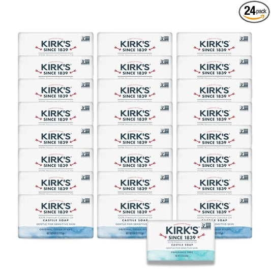 Kirk's Castile Bar Soap, Original Fresh Scent - Clinically Tested, Safe for Sensitive Skin with Coconut Oil, Vegan and Non-GMO - 4 oz Bars, 24 Pack and Fragrance Free Travel Bar