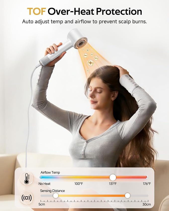 Fast Drying Ionic Hair Dryer Portable Blow Dryer for Travel, Moon White | 1 Billion Plasma, 7 Intelligent Modes, TOF Infrared Temp Control, 160,000 RPM High Speed, Lightweight Hairdryer for Women Men