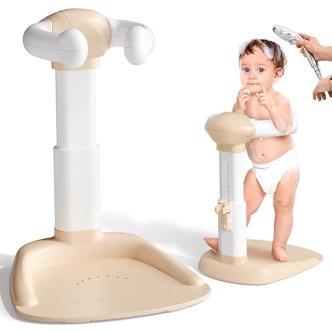 COOSEYA® Baby Shower Stand, Toddler Bath Stand Support with Thicker Colum, Anti-Pinch, Anti-Slip Base, Adjustable Shower Holder for Toddler Standing (Khaki)