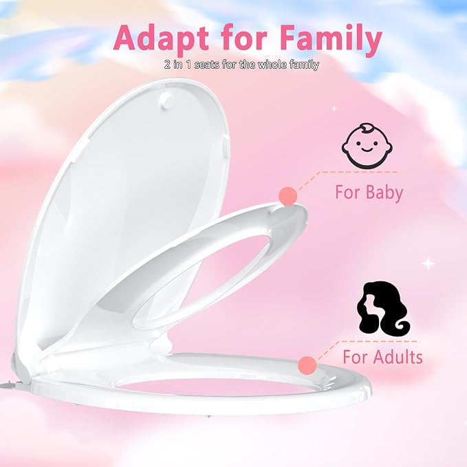 Aünsffer Toddler Toilet Seat with Potty Training Seat Round 16.5inch, 2 in 1 Toilet Seat for Family Built-in Baby Seat Removable, Soft Close + Easy Clean, PP Safe Material, White