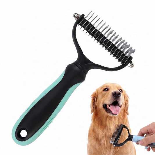 Double-Sided Pet Grooming Brush, Pro Tool For Dogs Shedding Stainless Steel Dual Tooth Undercoat Rake Detangling Comb Ergonomic Pet Grooming Brush (Green, 1PCS)