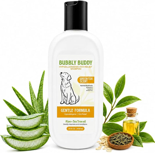 Hypoallergenic Itch Relief Shampoo for Dogs, Green Tea Scent Dog Shampoo with Aloe, Tea Tree Oil, Colloidal Oatmeal, Jojoba Oil & Vitamin E, pH Balanced Sensitive Skin & Anti-Itch Care, 15.5 fl oz