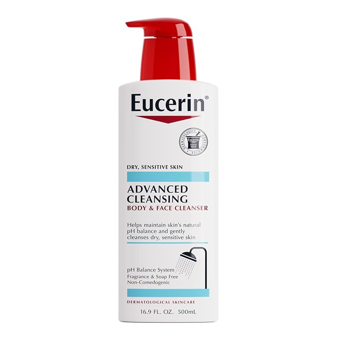 Eucerin Advanced Repair Cleansing Body and Face Cleanser, Gentle Face and Body Wash for Normal to Dry, Sensitive Skin, Soap Free and Unscented, 16.9 FL OZ Bottle