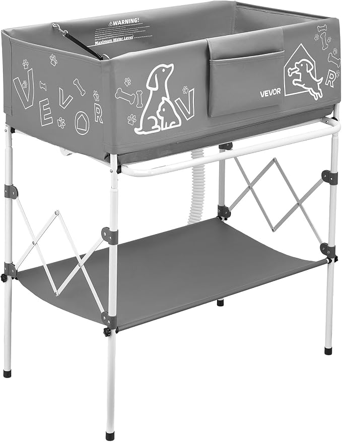 VEVOR Dog Bathtub, Elevated Dog Bath Tub, Collapsible Pet Bathing Grooming Wash Station, Portable Foldable Space-Saving, with Built-in Drain Hose for Small and Medium Pet Cat Indoor & Outdoor, Gray