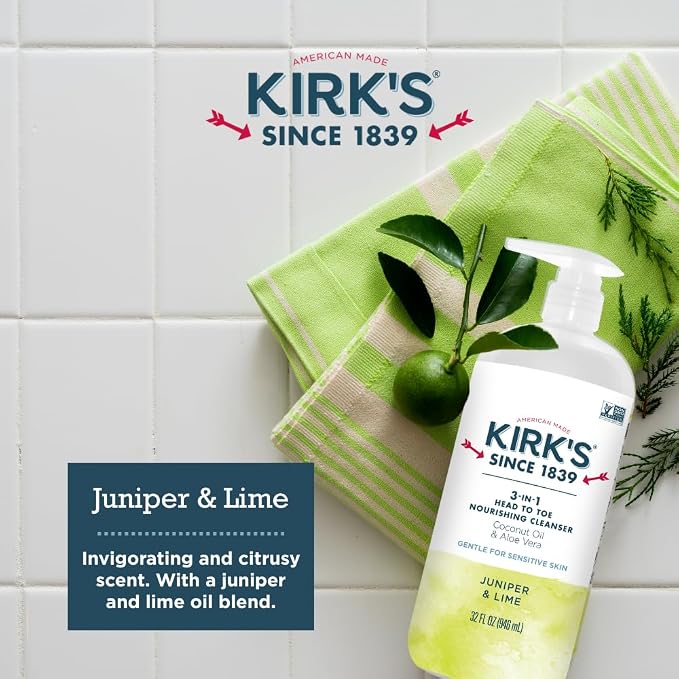 Kirk's Juniper & Lime 3-in-1 Nourishing Cleanser, Shampoo Body Wash Bubble Bath, Coconut Oil and Aloe Vera, Vegan Non-GMO, 32 Fl Oz
