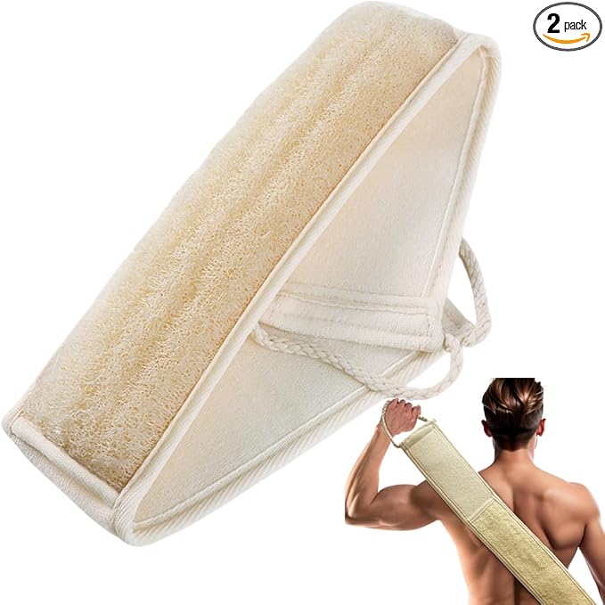 Extra-Long Natural Loofah Back Scrubber,1 Pack | Exfoliator，Biodegradable，back scrubber for shower ,Exfoliating Bath Strap， with Cotton Handles, Shower Body for Men Women