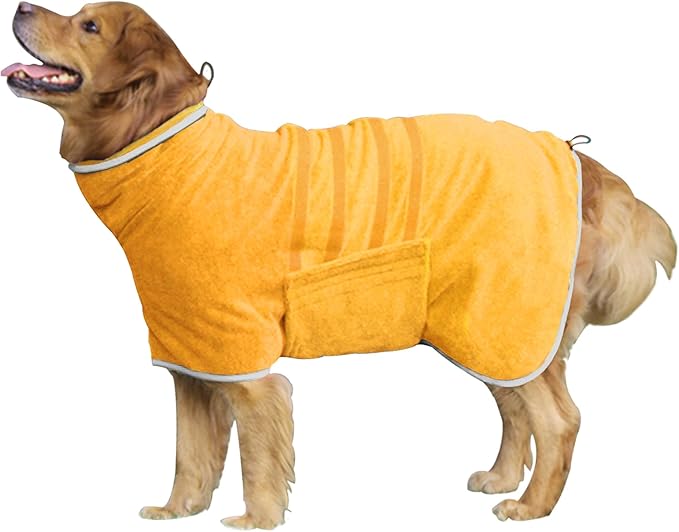 Dog Robe - Fast Drying Towel - Microfiber Super Absorbent Pet Bathrobe, Adjustable Collar & Belly Strap (Yellow, Medium)