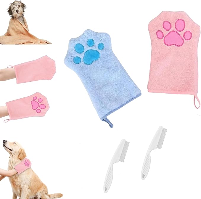 Paw Bathing Towel for Cats, Ultra Soft Microfiber Pet Bath Towel Gloves for Muddy Paws, Ears, Coral Fleece Pet Towel, Quick-Dry Cat Drying Towel, Lint-Free Absorbent with Hanging Loop (blue+pink)