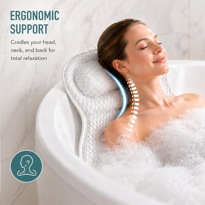 Bath Pillow Bathtub Pillow, 6D Bath Pillows for Tub Neck and Back Support | with 6 Non-Slip Suction Cups Bath Tub Pillow Headrest,Relaxing Bathtub Pillow Bathroom Shower Accessories Spa Gifts