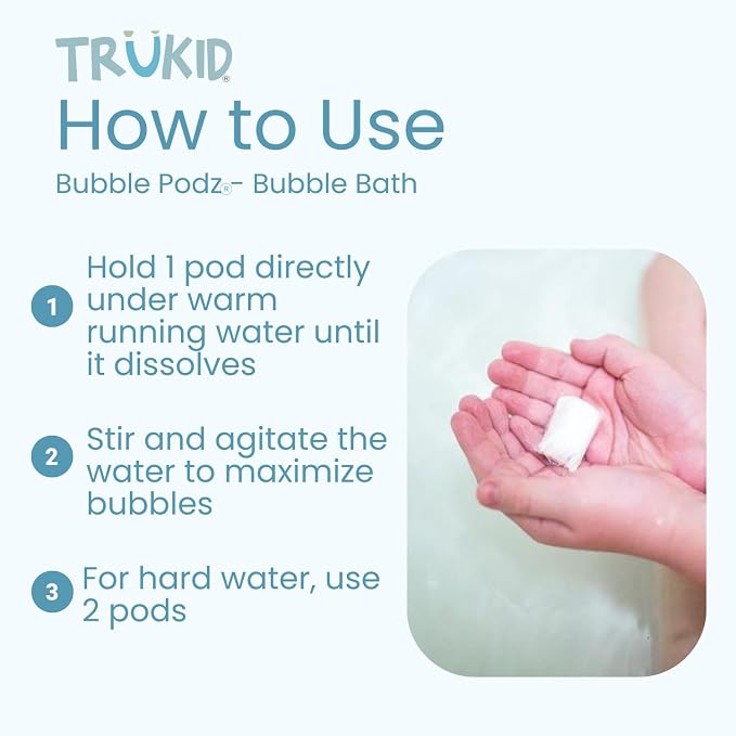 TruKid Bubble Podz Bubble Bath for Kids, Toddlers, & Babies, Tear Free Gentle & Refreshing Bath Bomb for Sensitive Skin with Natural Moisturizers, Non-Toxic, pH Balanced, Eucalyptus Scent (10 Podz)