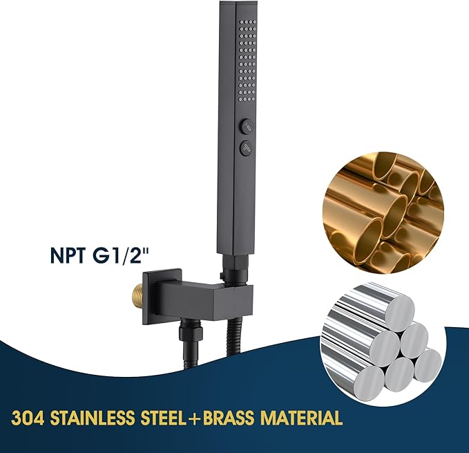 All-Metal High Pressure Square Handheld Shower Head with Jet Spray and Rainfall Modes, Volume Control Regulator, ON/OFF Switch, Hose and Wall Mounted Adjustable Bracket (Matt Black)