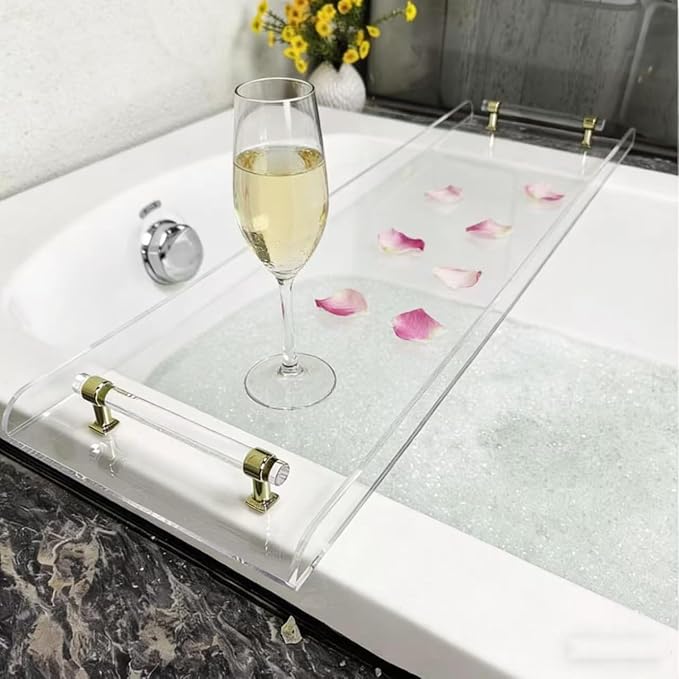 WANLIAN 33inch Luxury Bathtub Caddy Tray for Bathroom Bath tub Table Caddy Shelf for Shower Storage Organizer tub Accessories for Bath tub Table Caddy (Gold-Clear)
