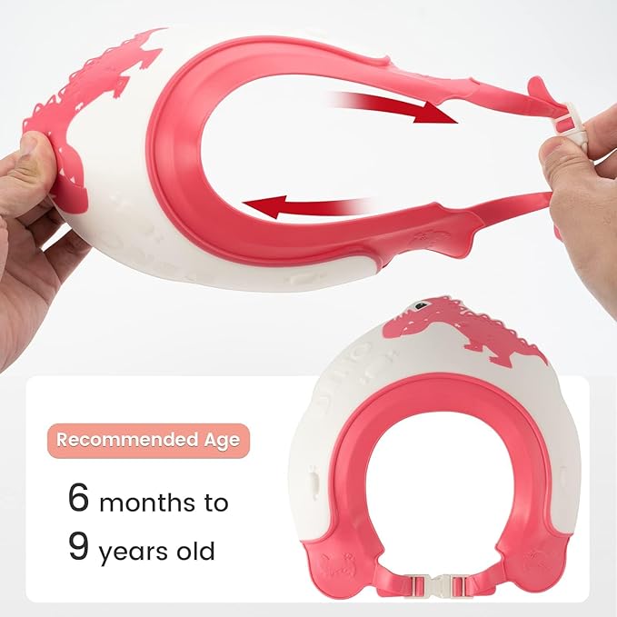 FUNUPUP Baby Shower Cap for Kids, Baby Bath Shampoo Visor Cap Hair Washing Shield Adjustable Silicone Bath Hat for Toddler Girls and Boys (Dinosaur,Red)