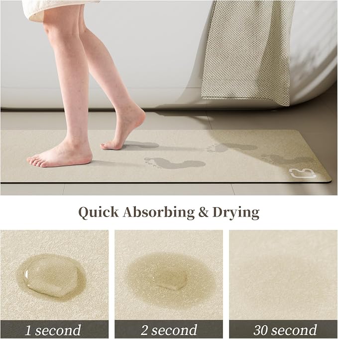 RUERYA Beige Bathroom Mat Rugs 15.7" x 47.2" Super Absorbent Quick Drying Diatomaceous Earth Bath Mats for Bathroom Non Slip Rubber Backed Thin Bathroom Rugs Floor Mat, Machine Washable