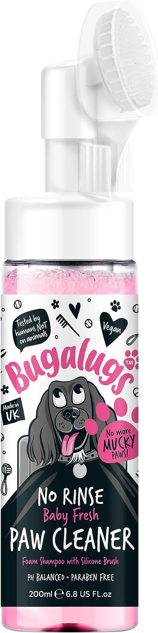 Bugalugs Dog Paw Cleaner No Rinse Foam Cat & Dog Shampoo with Silicone Brush Head, waterless Grooming Products. Travel Friendly paw Cleaner for Dogs Defeat Muddy Paws on the go (Baby Fresh)